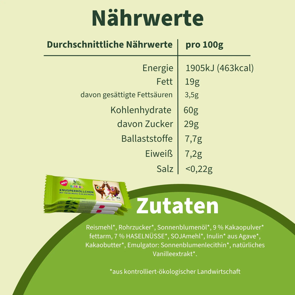 biozentrale BioKids Knusperröllchen Haselnuss-Kakao