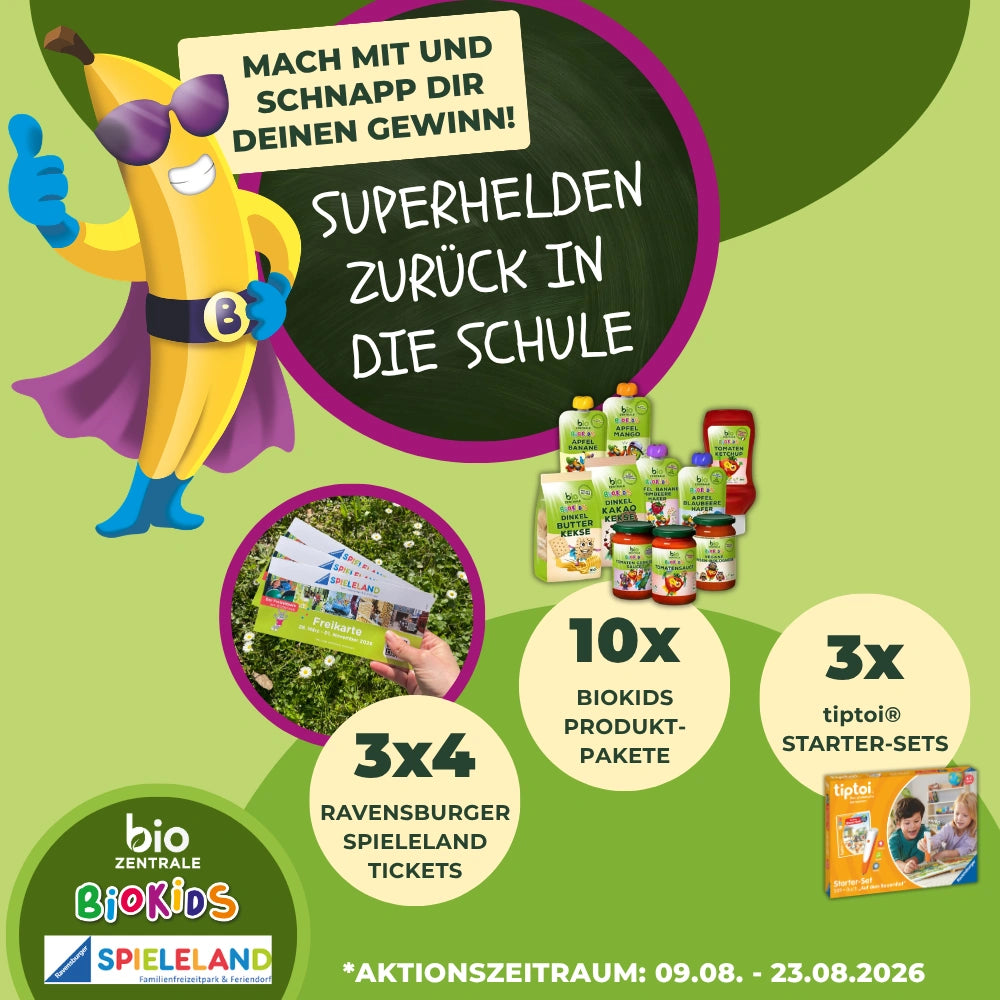 Schulstart-Aktion von biozentrale mit Preisen von Ravensburger Spieleland uvm. bis 23.08.2026